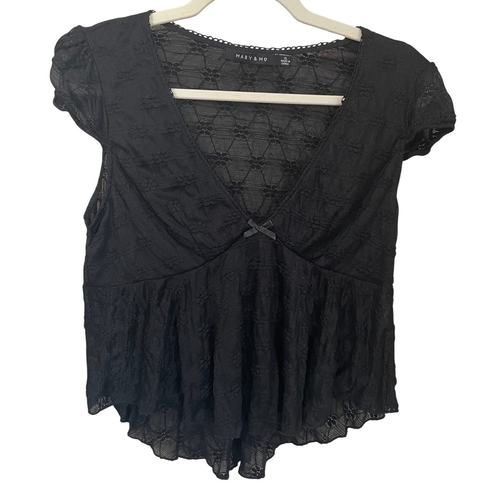 Mary & Mo Black Floral Lace Babydoll Peplum Top V-Neck Bow Accent XL Coquette
